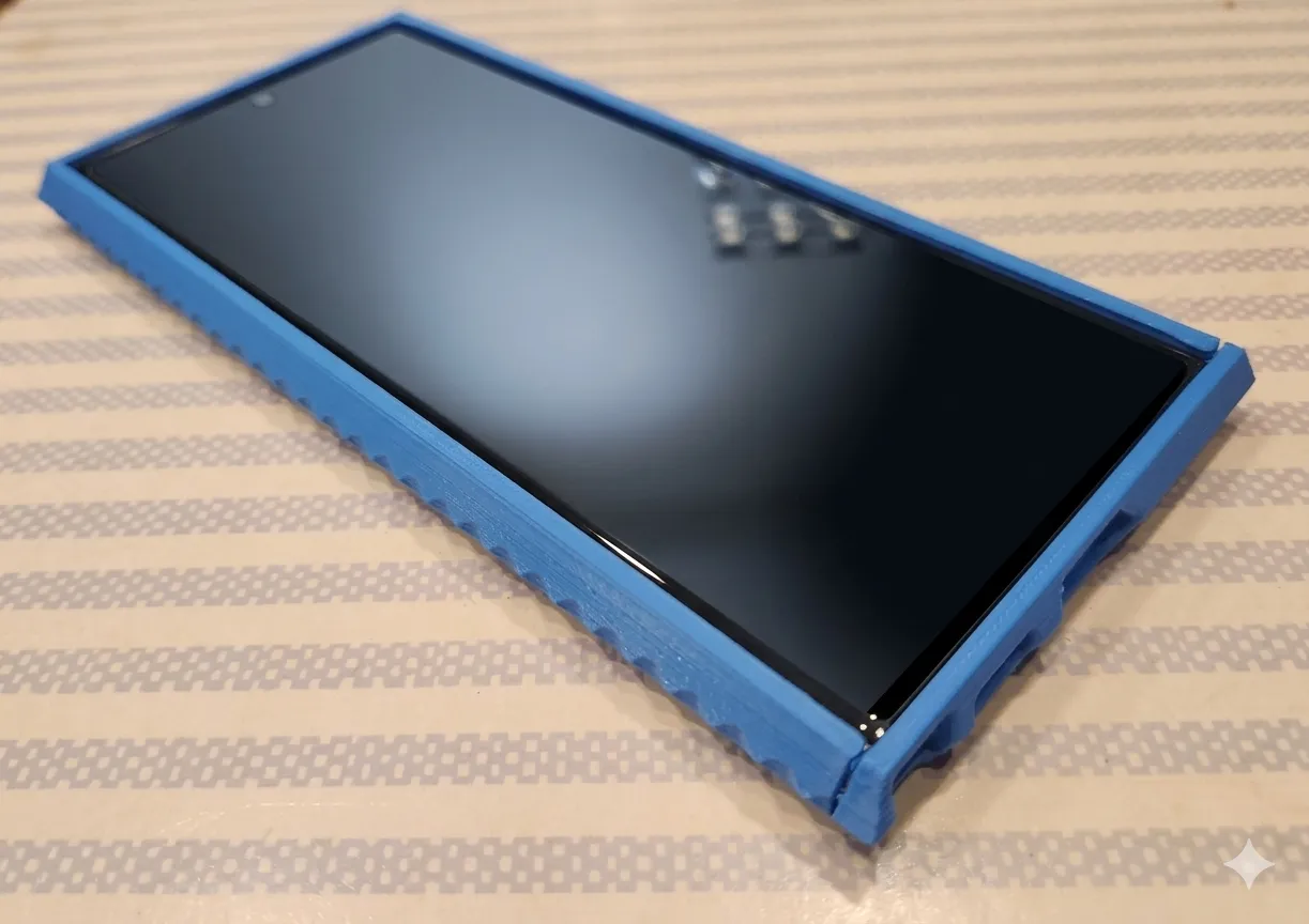 Older printed revision of the Galaxy S22 Ultra hard case installed on the phone, shown from the front in blue PLA.